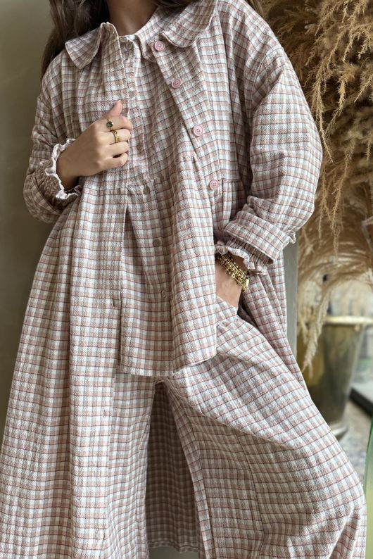 Annie Gingham Peter Pan Frock Coat Antique Rose